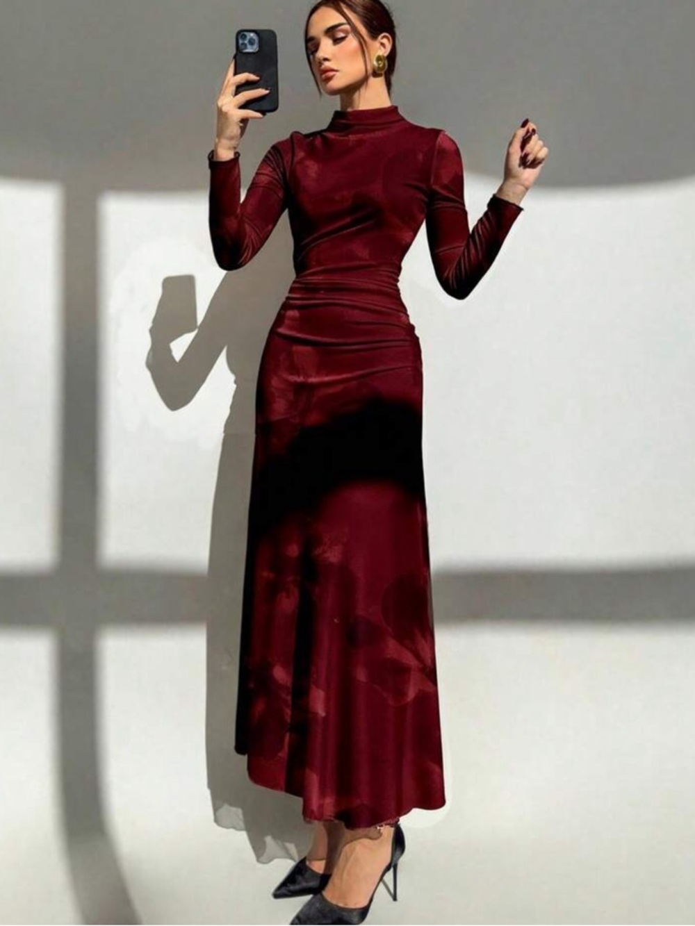 SHEIN Burgundy Long Sleeve Satin Maxi Dress